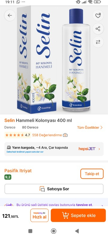 Selin Hanımeli Kolonyası 400 ml
