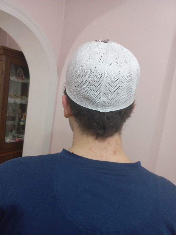 İhvan Beyaz Safir Dantel Detaylı Örme Namaz Takkesi