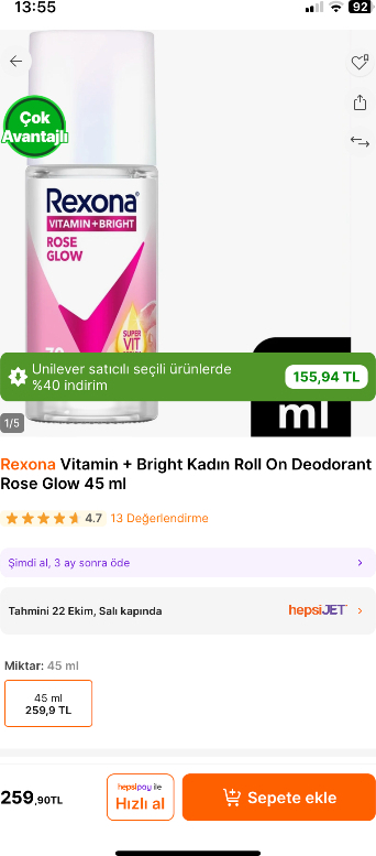 Rexona Vitamin + Bright Kadın Roll On Deodorant Rose Glow 45 ml