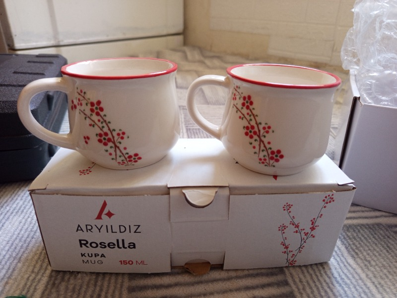 Aryıldız Rosella 2’li Kupa Bardağı Kırmızı Çizgili Porselen Set 150 ml El Yapımı