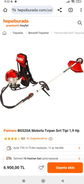 Palmera BG520A Motorlu Tırpan Sırt Tipi 1,9 Hp