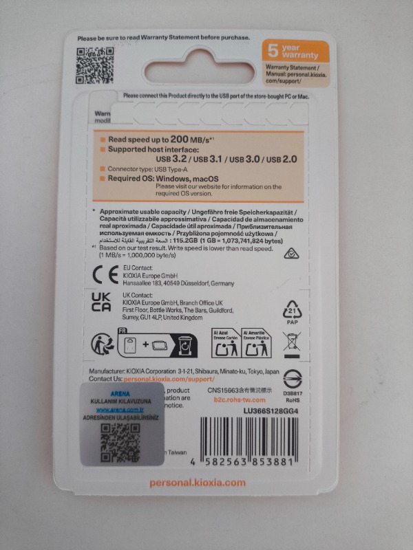 Kioxia 128GB U366 Metal Usb 3.2 Gen 1 Flash Bellek (LU366S128GG4)